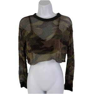 Forever 21 Camo Print Mesh Crop Top Long Sleeve Sport Bra Set Women's Size S-M